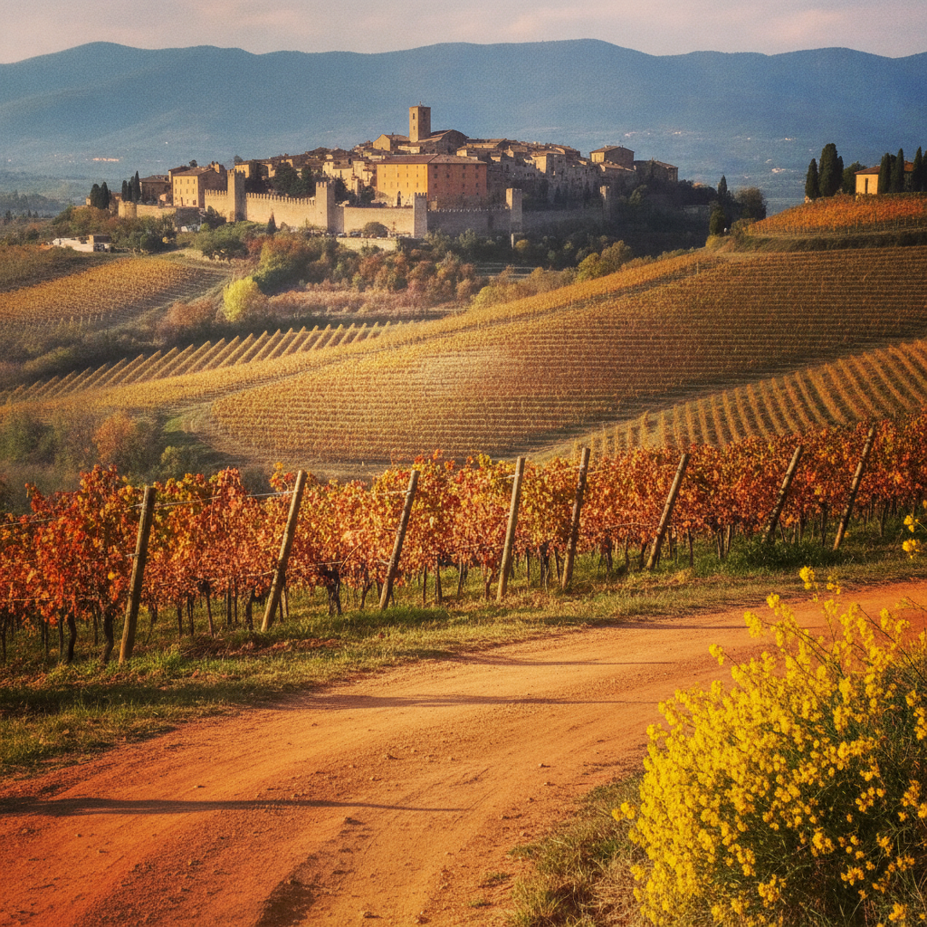 Montalcino town crowning the Brunello vines, Tuscany AI-generated photoreal reference
