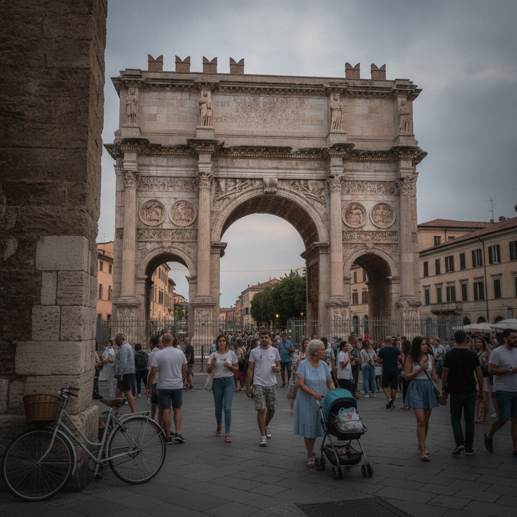 Arch of Augustus at Rimini, evening passegiata AI-generated photoreal reference