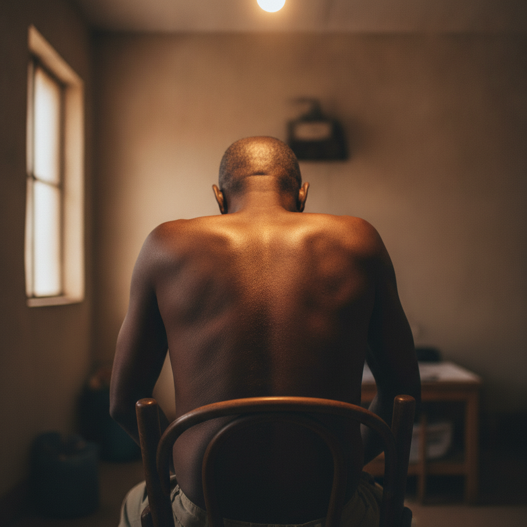 Nigerian man 60s on chair, rounded back AI-generated photoreal reference