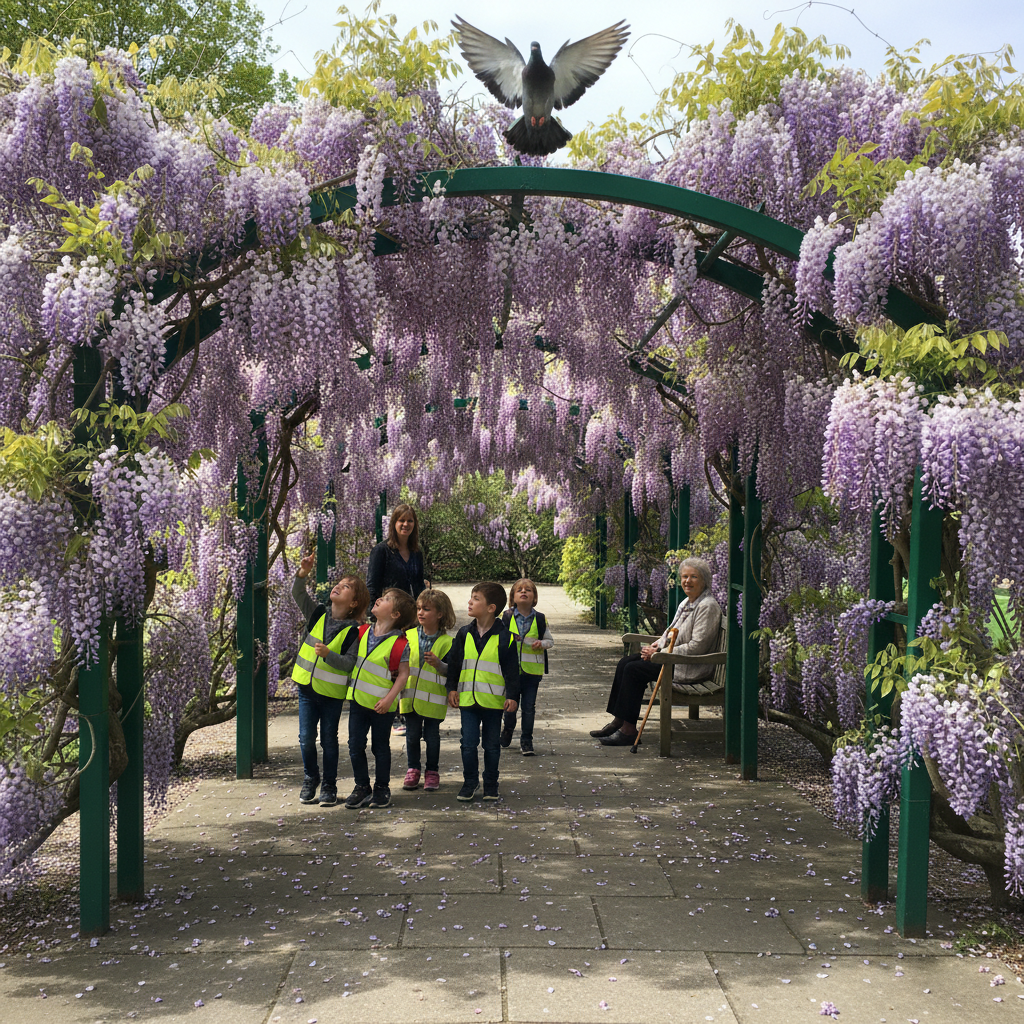 Wisteria arch in a town park with passing schoolchildren photo reference