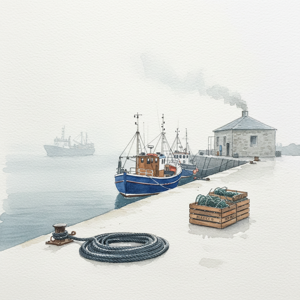 Lerwick harbor, Shetland, in mist Loose & airy