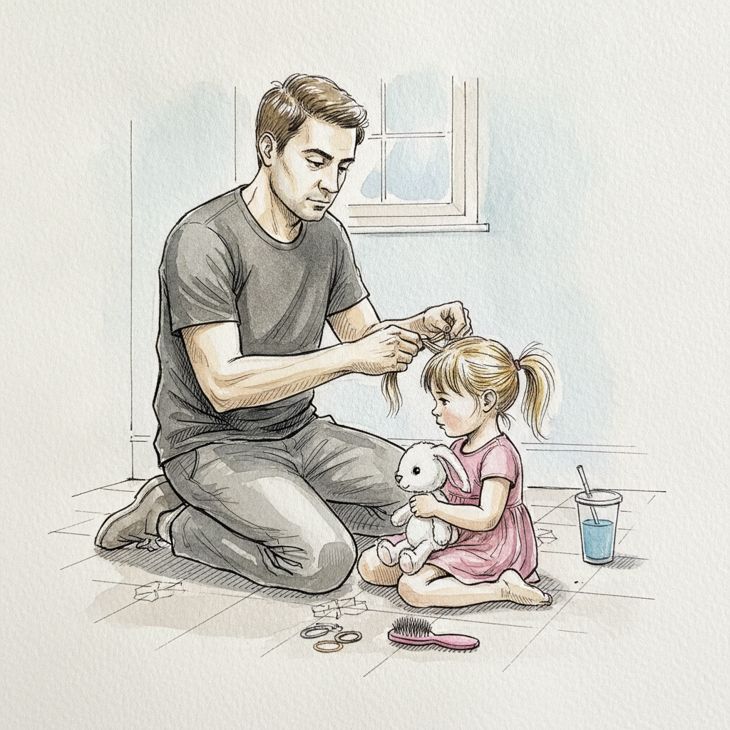 Dad putting kid's hair in pigtails example 1
