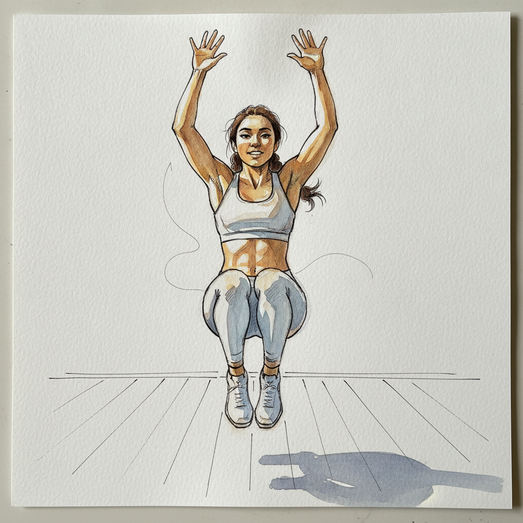 Pop jump, knees forward, energetic Loose & airy