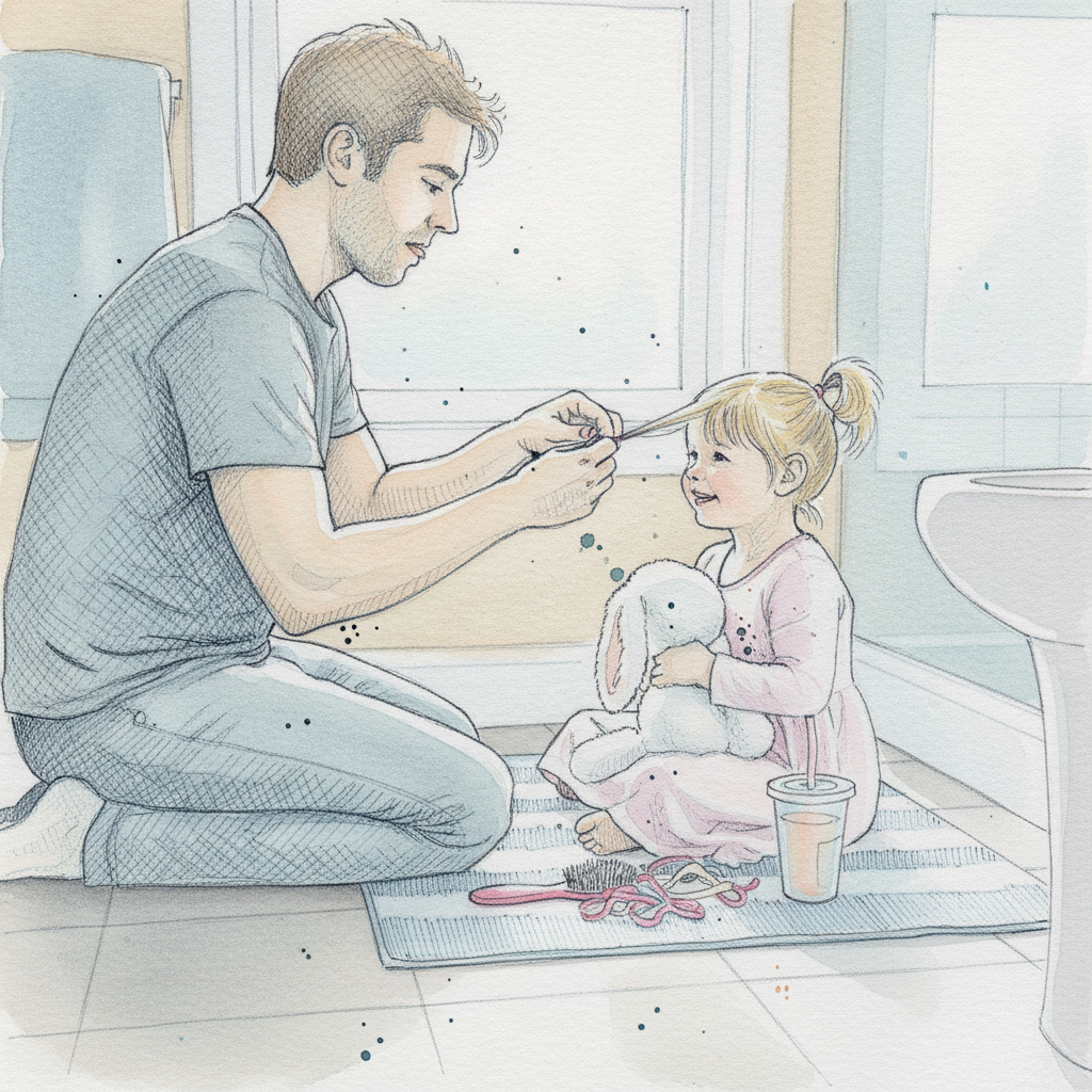 Dad putting kid's hair in pigtails example 2