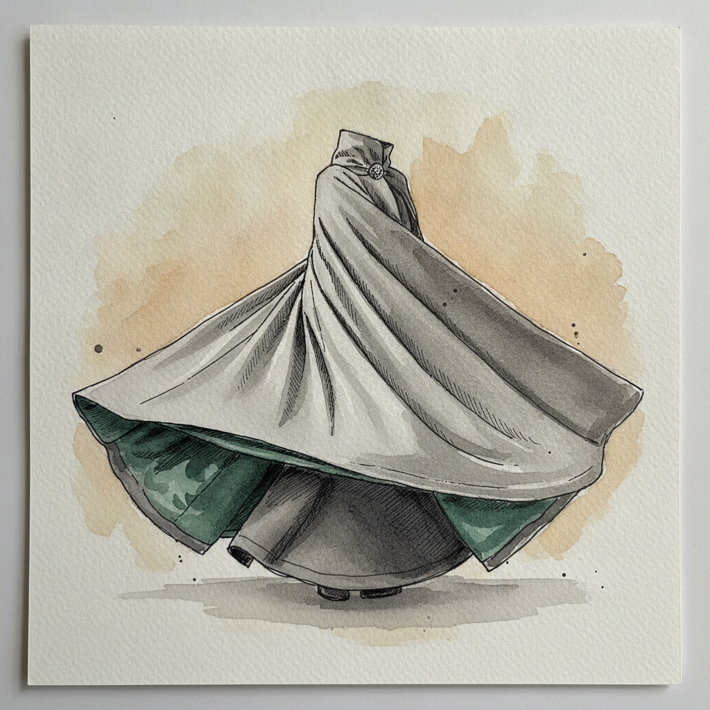 Cloak swirling around a figure Tighter & richer