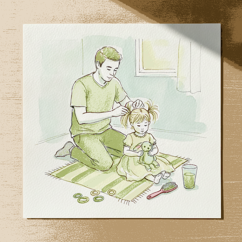Dad putting kid's hair in pigtails example 3
