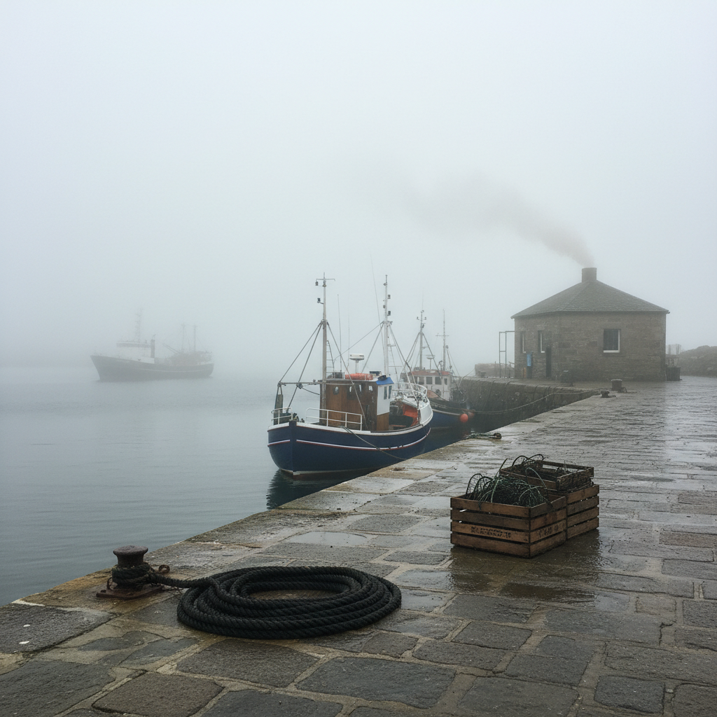 Lerwick harbor, Shetland, in mist photo reference