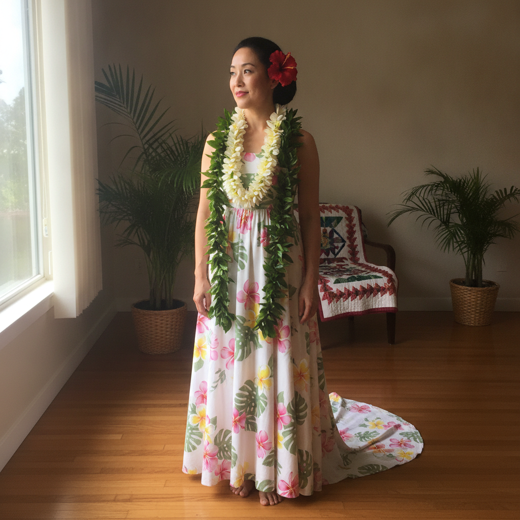 Hawaiian holokū AI-generated photoreal reference