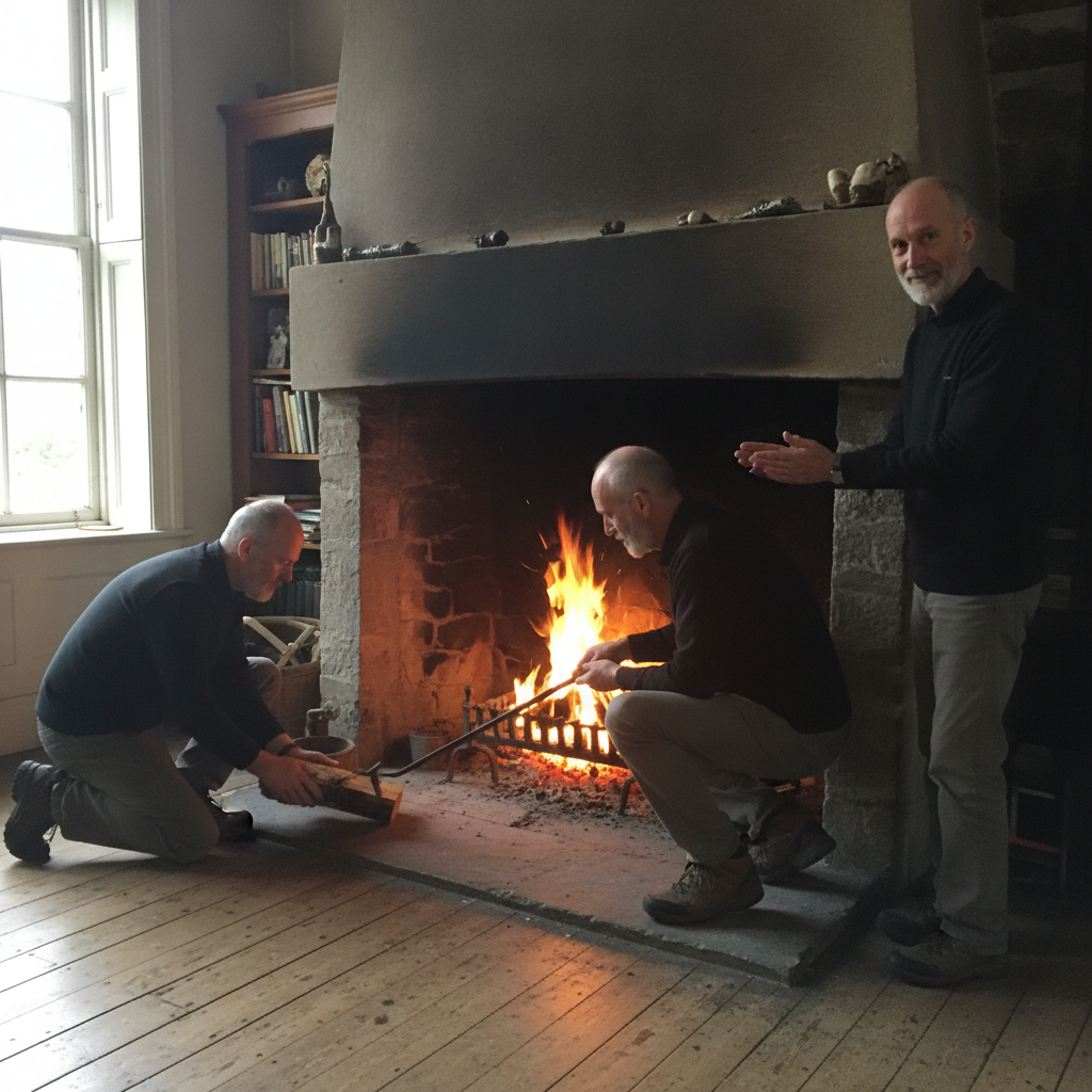 Stoking fire three hearth figures AI-generated photoreal reference
