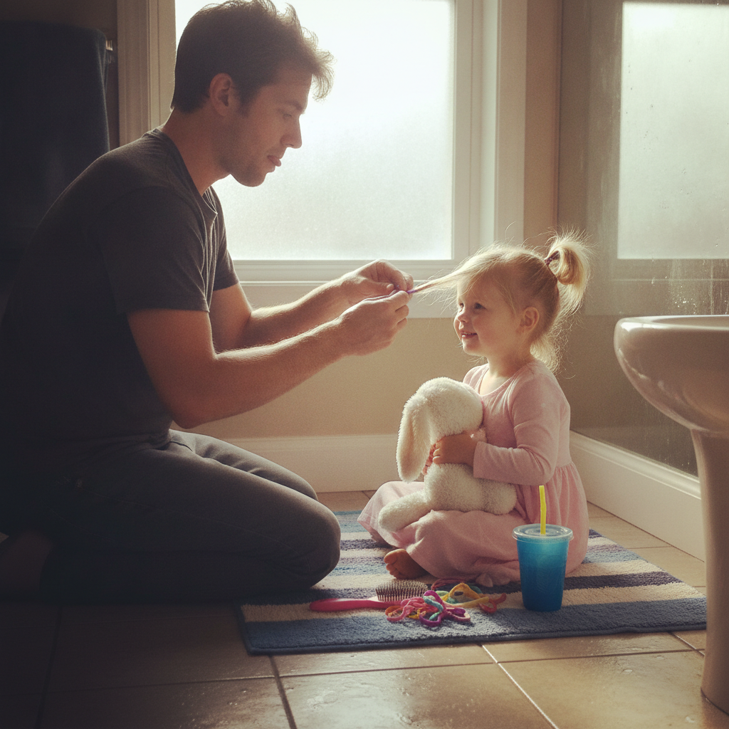 Dad putting kid's hair in pigtails AI-generated photoreal reference