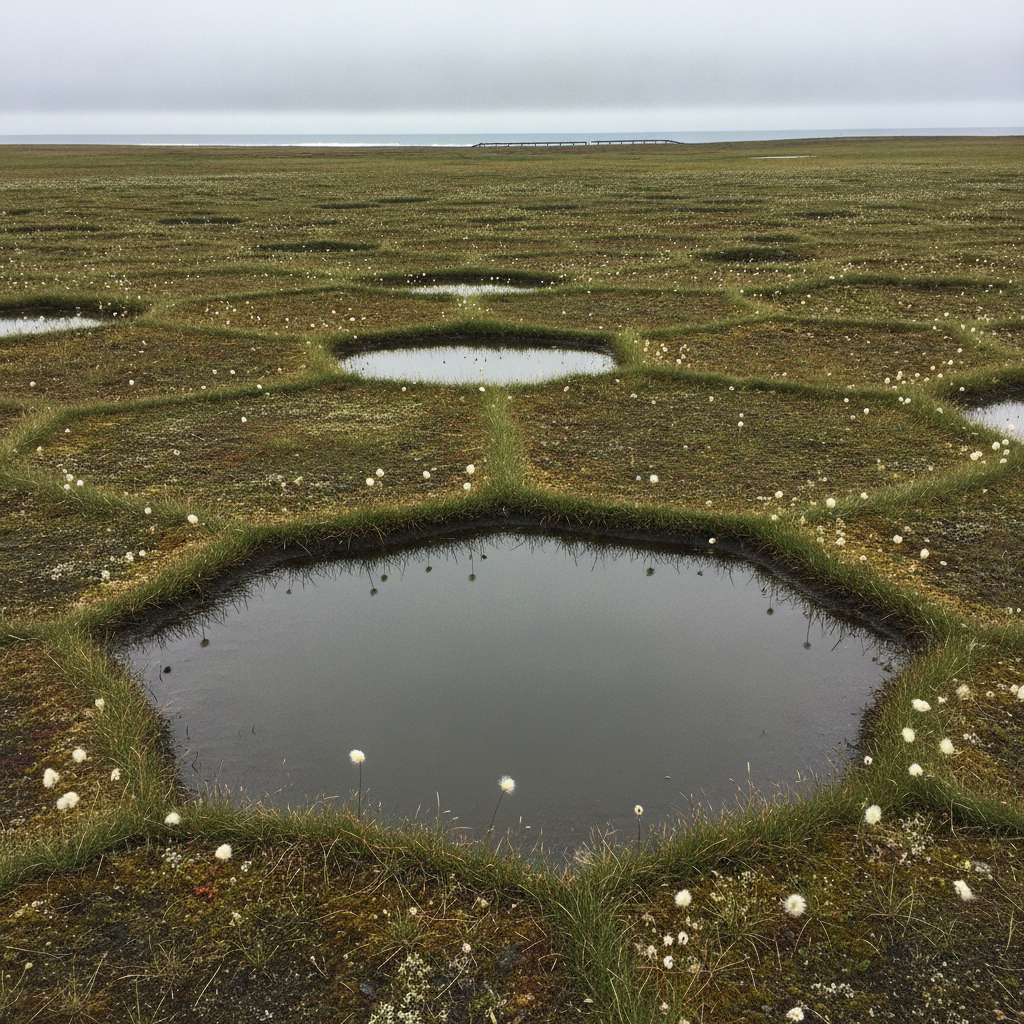 Polygonal permafrost ground, Prudhoe Bay tundra, Alaska, August afternoon AI-generated photoreal reference