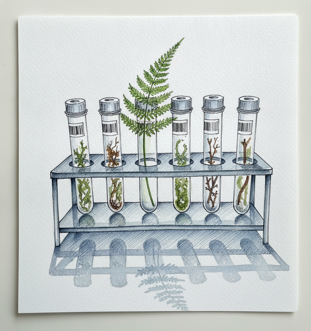 Fern frond in lab tube rack example 1