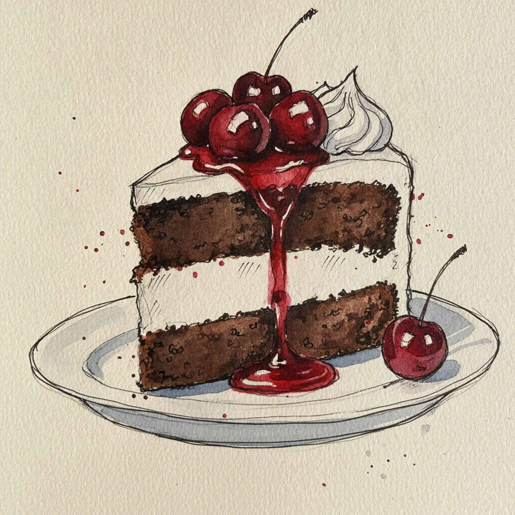 Black Forest gateau slice with cherry and cream example 1