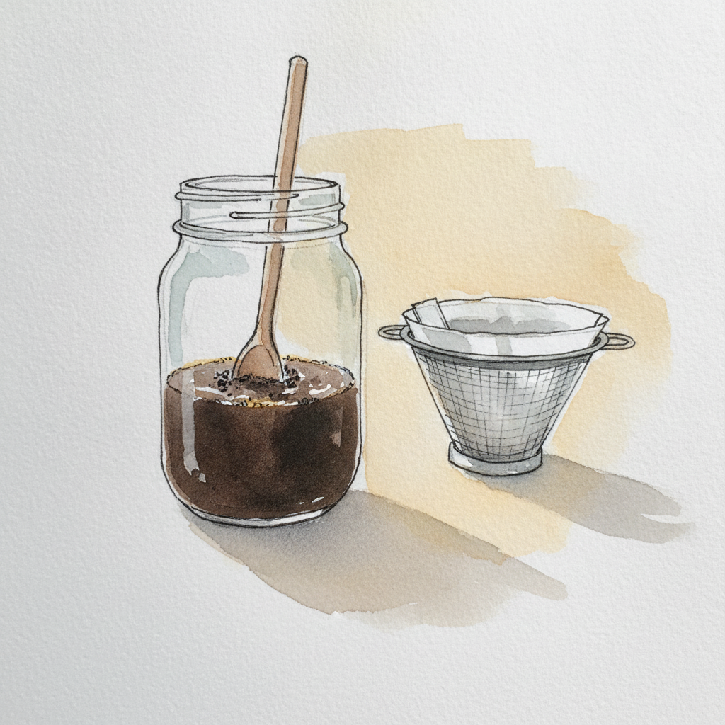 Jar of coffee steeping overnight, filter cone beside example 2