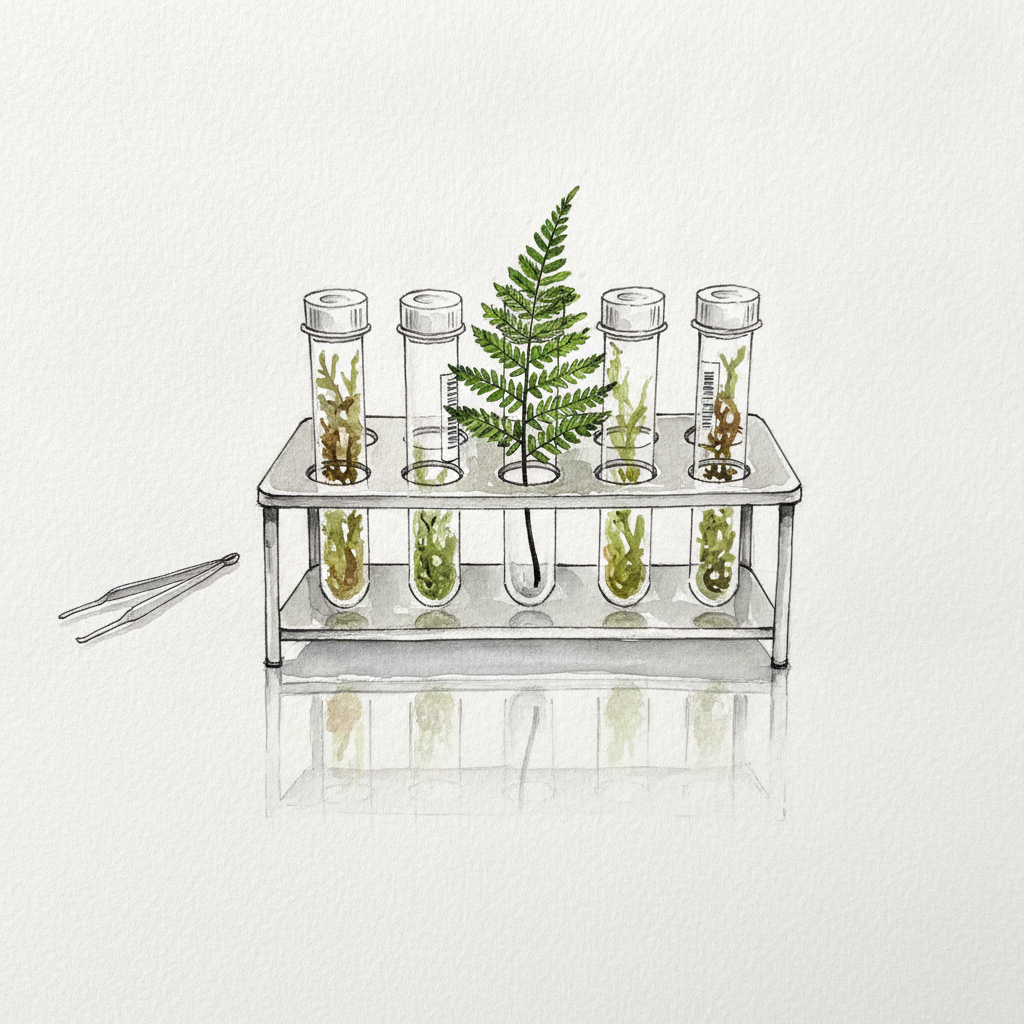 Fern frond in lab tube rack example 2