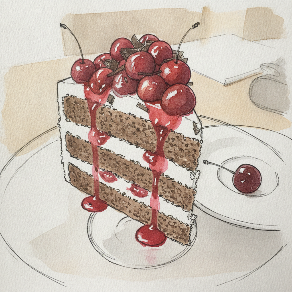 Black Forest gateau slice with cherry and cream example 2