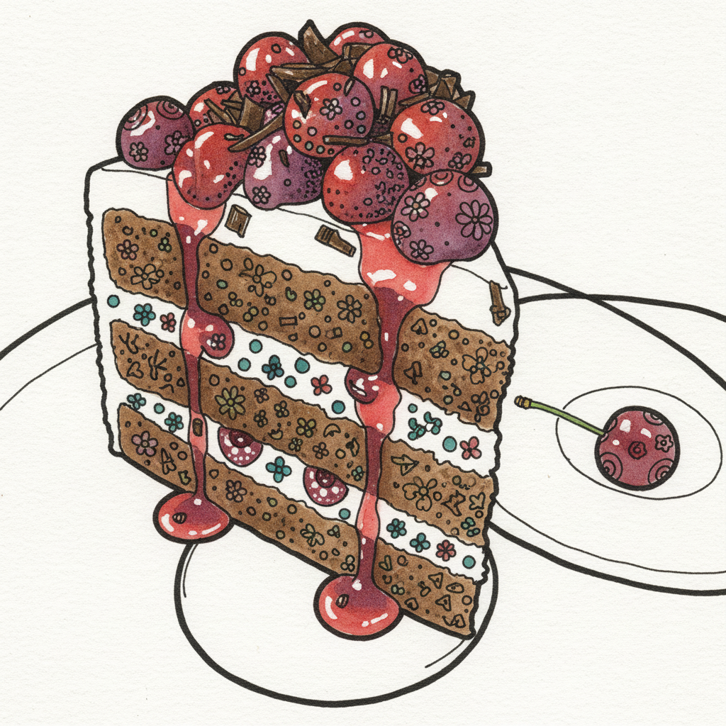 Black Forest gateau slice with cherry and cream example 3