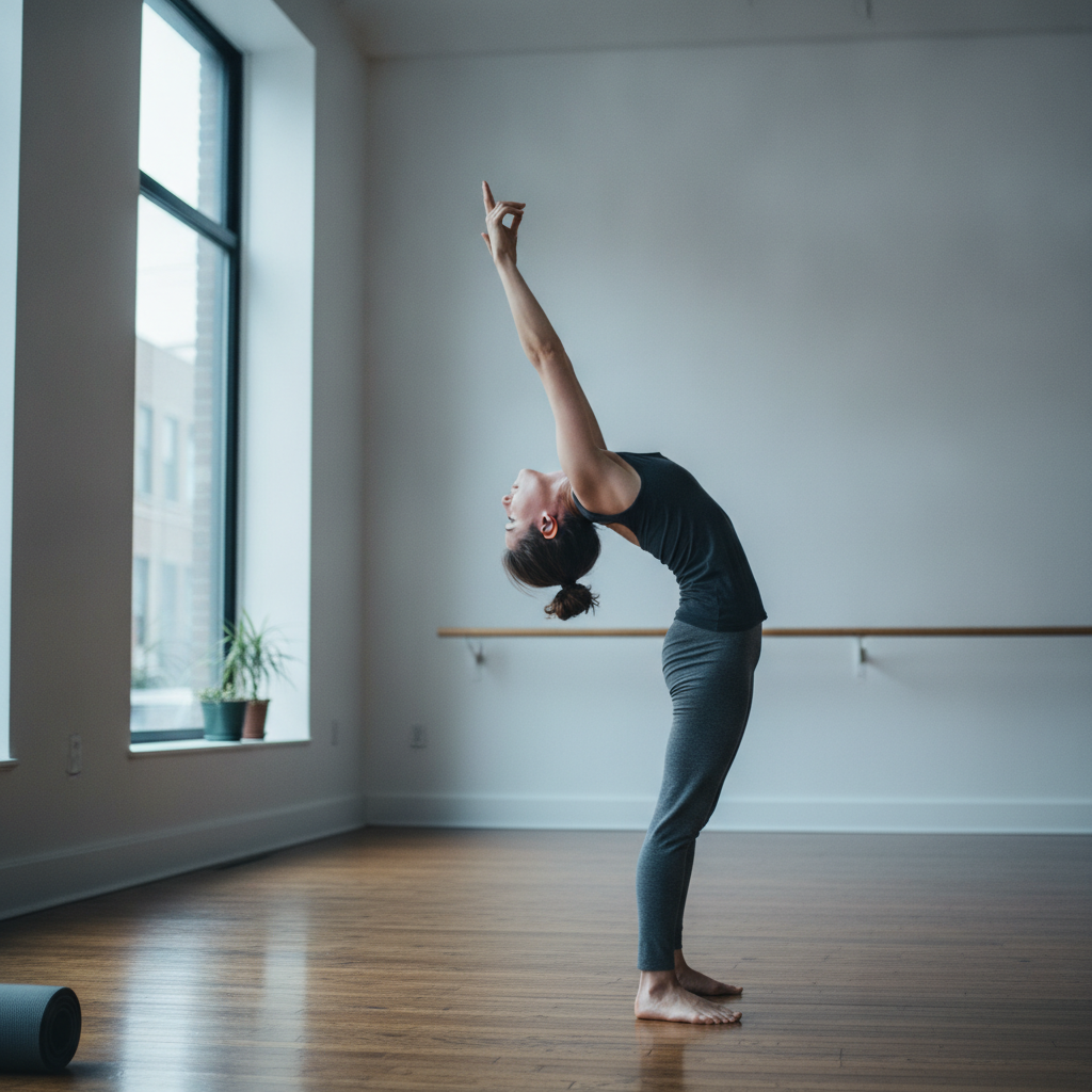 Standing backbend with hands clasped overhead AI-generated photoreal reference