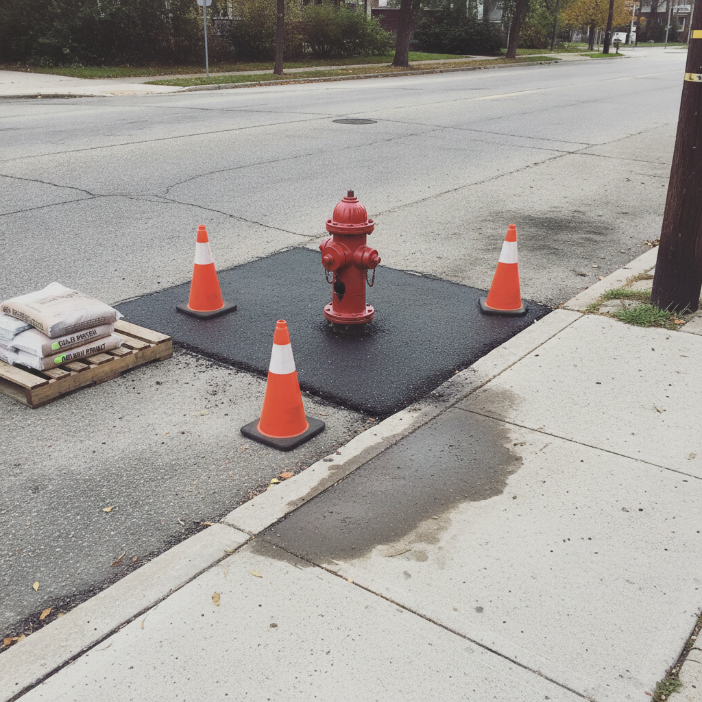 Mid-Renovation Patched Asphalt AI-generated photoreal reference