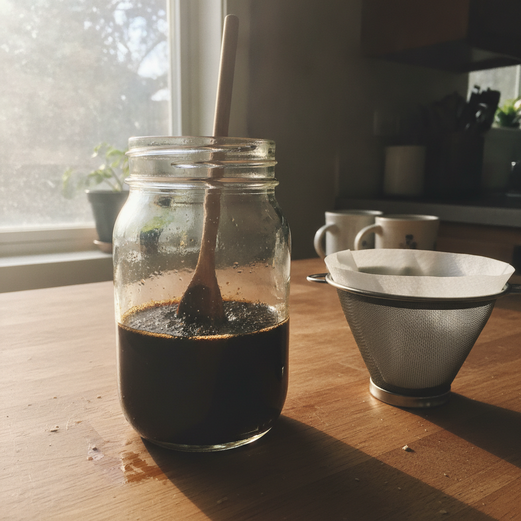 Jar of coffee steeping overnight, filter cone beside AI-generated photoreal reference
