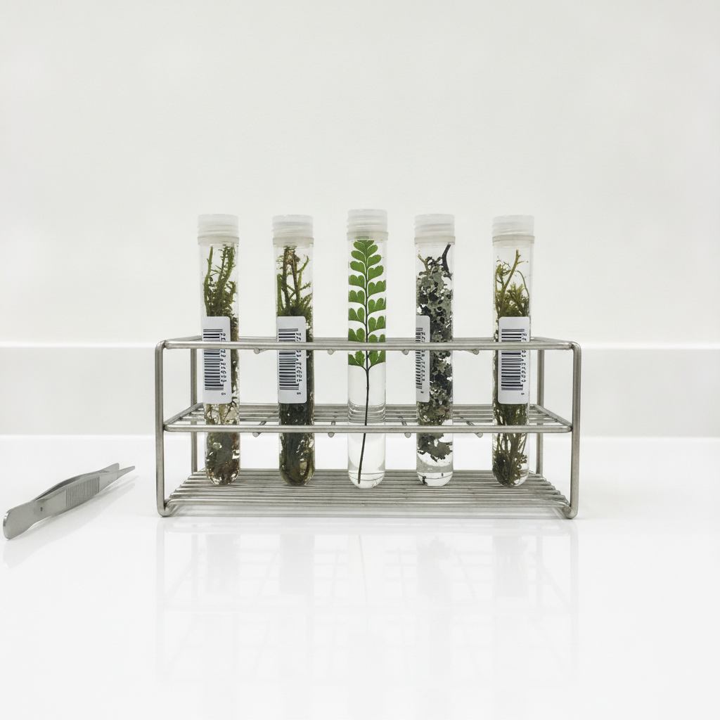 Fern frond in lab tube rack AI-generated photoreal reference
