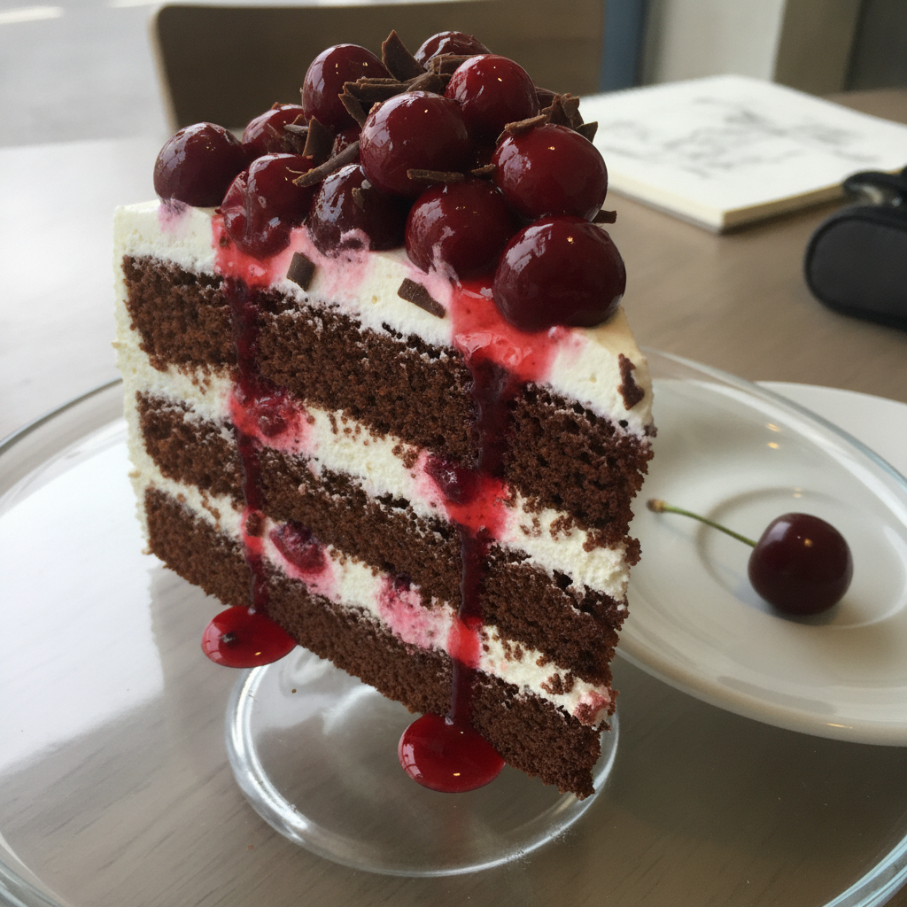 Black Forest gateau slice with cherry and cream AI-generated photoreal reference