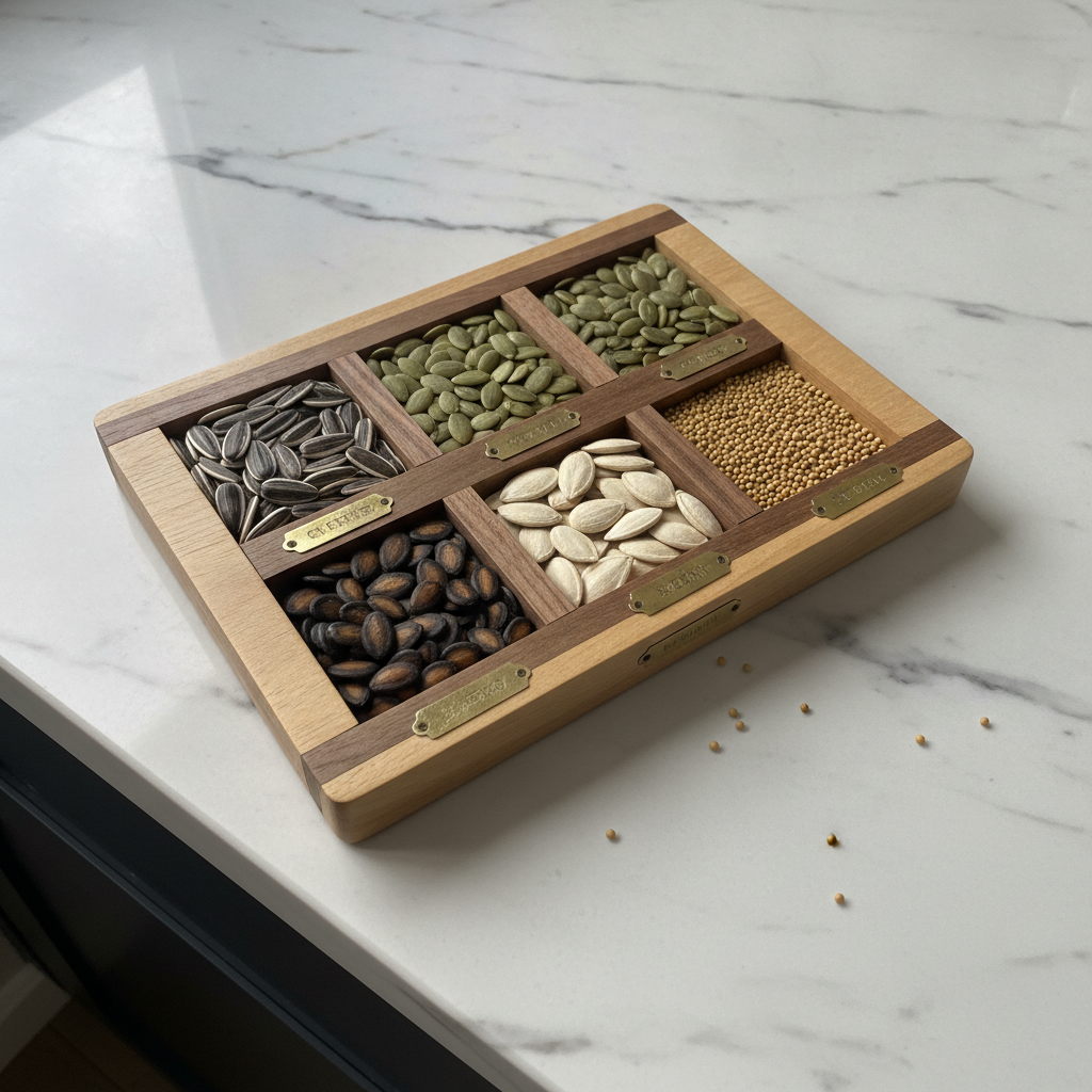 Tray of Varied Seeds AI-generated photoreal reference