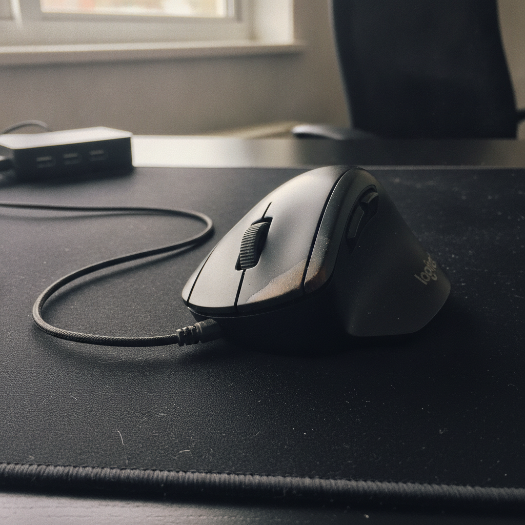 Ergonomic mouse with cable AI-generated photoreal reference