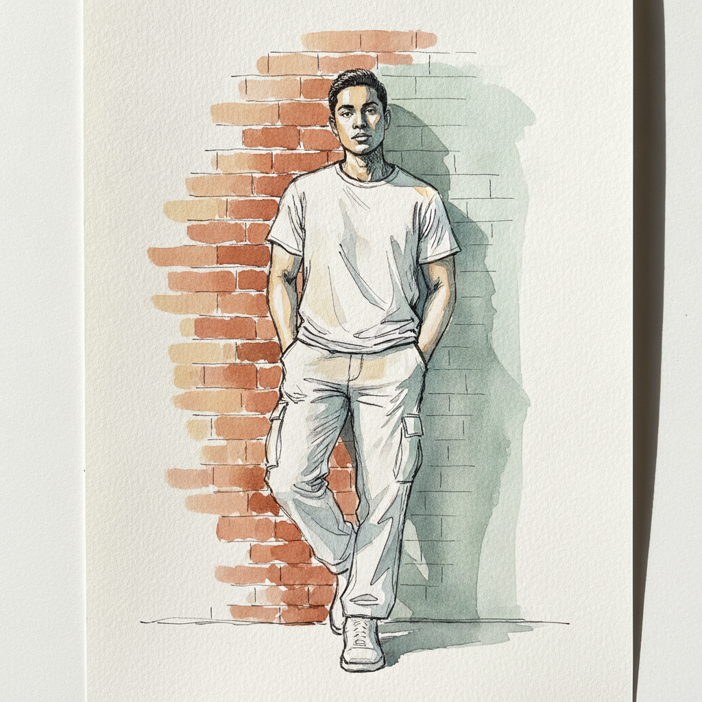 Non-binary model, early 30s, Latinx, athletic build, shoulder against brick wall example 1