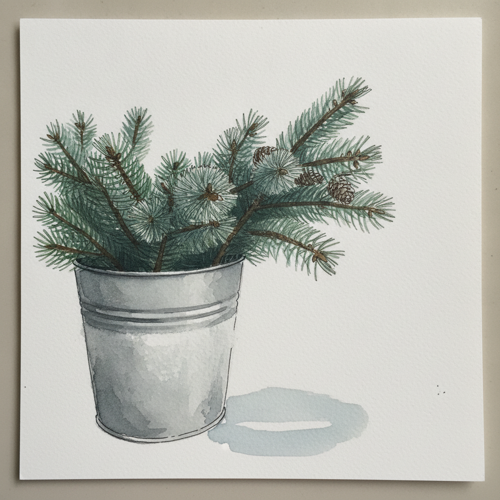 Pine branches in a galvanized bucket example 1
