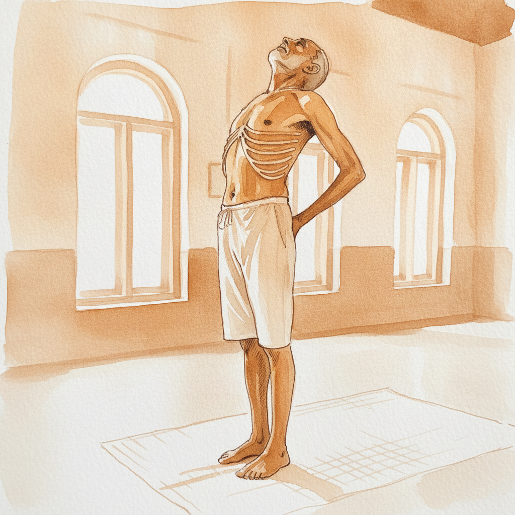 Lean older Indian man in modest yoga-trained arch example 1