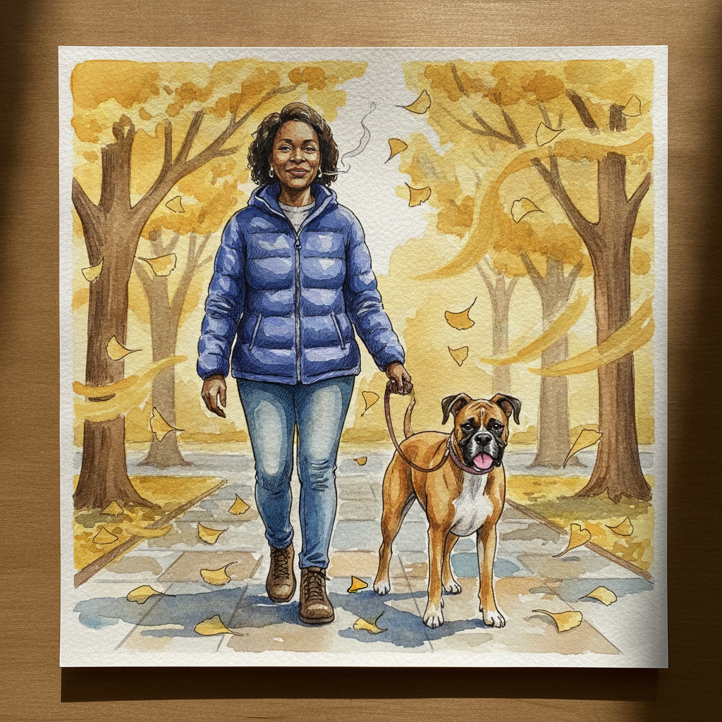 Person walking dog on leash example 1