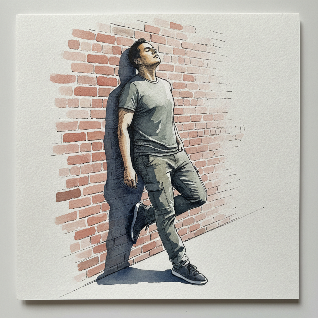 Non-binary model, early 30s, Latinx, athletic build, shoulder against brick wall example 2