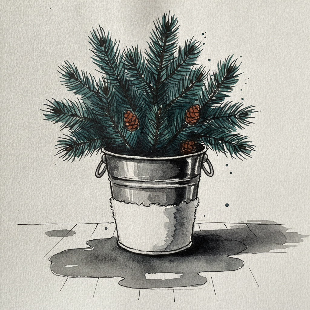Pine branches in a galvanized bucket example 2