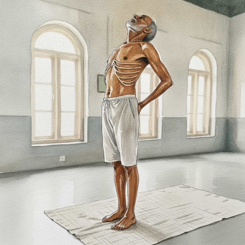 Lean older Indian man in modest yoga-trained arch example 2