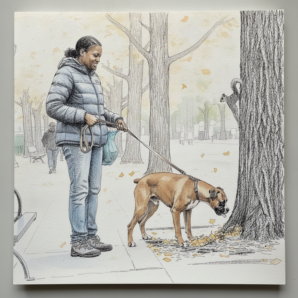 Person walking dog on leash example 2