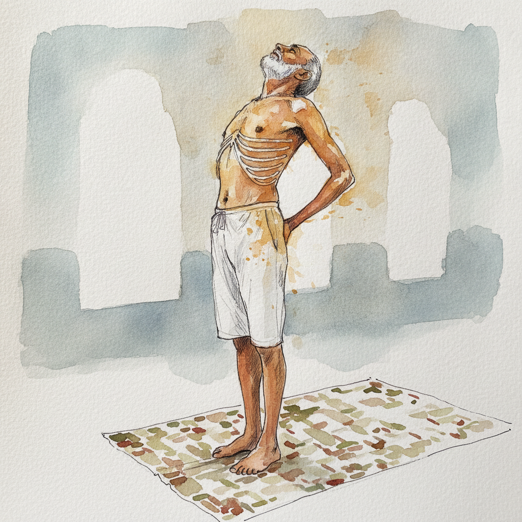 Lean older Indian man in modest yoga-trained arch example 3