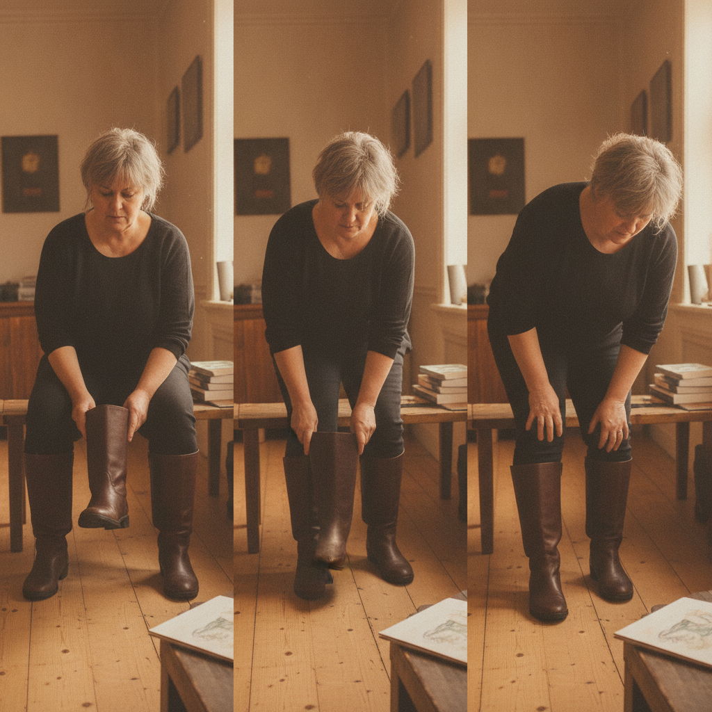 Pulling on boots three figures AI-generated photoreal reference