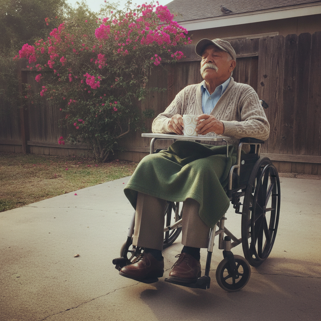 Old man in wheelchair AI-generated photoreal reference
