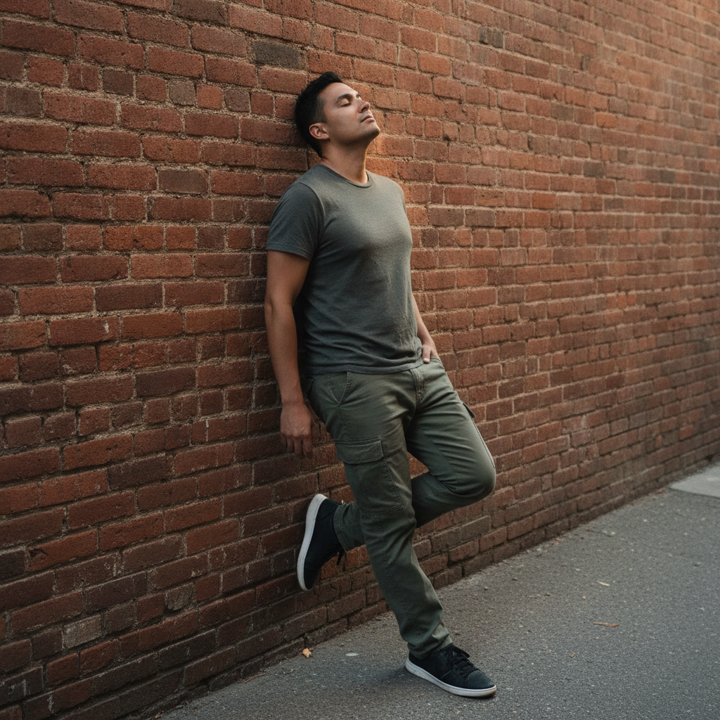 Non-binary model, early 30s, Latinx, athletic build, shoulder against brick wall AI-generated photoreal reference