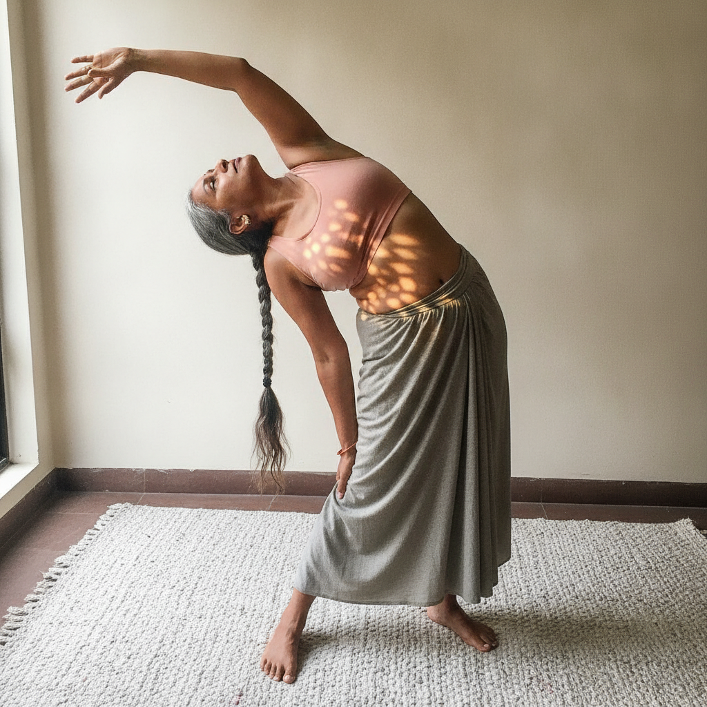 Mature curvy Indian woman in moderate practitioner's arch AI-generated photoreal reference