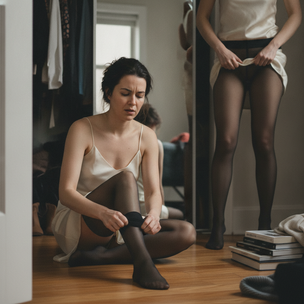 Putting on tights AI-generated photoreal reference
