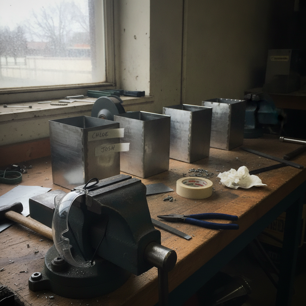 School shop bench at lesson's end AI-generated photoreal reference