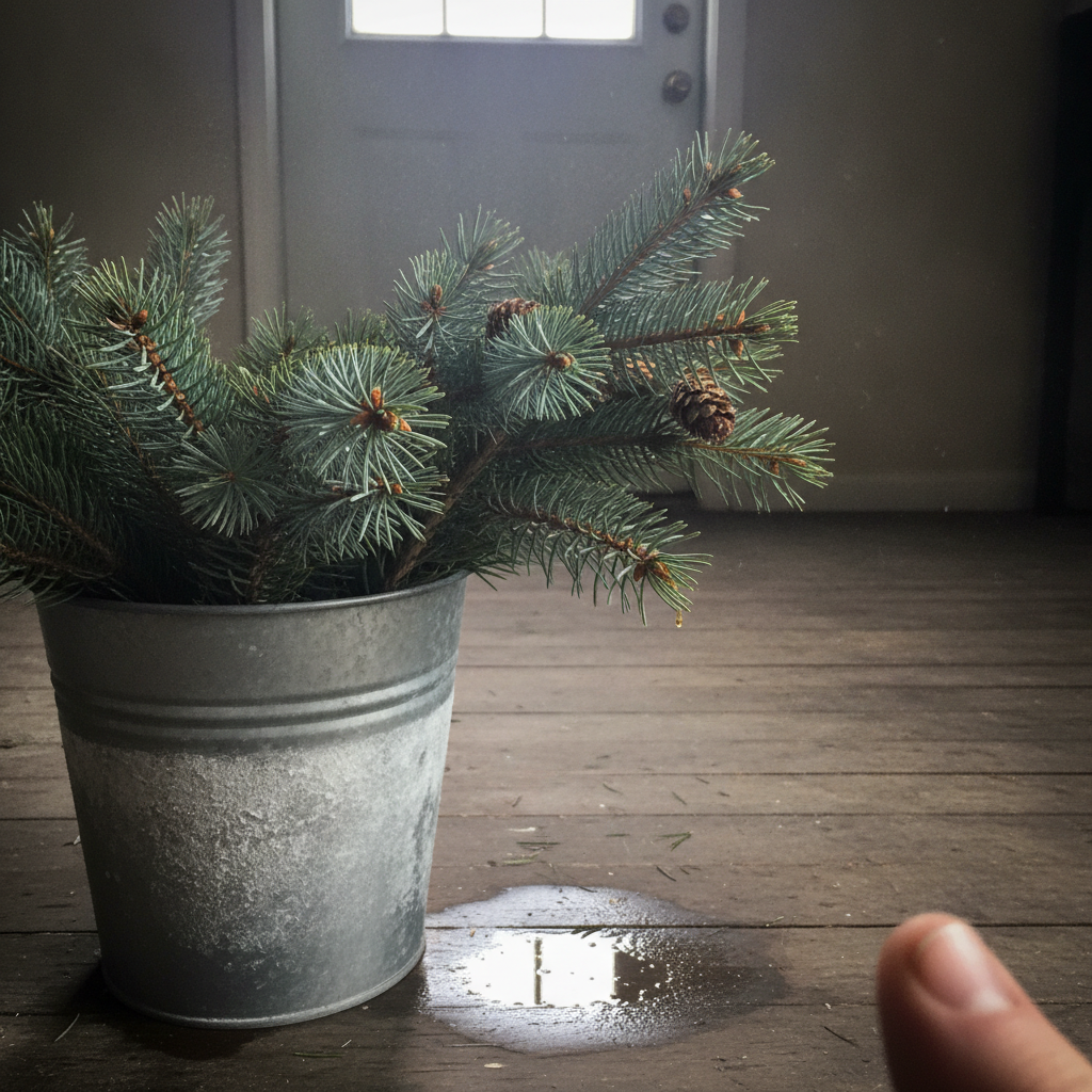 Pine branches in a galvanized bucket AI-generated photoreal reference