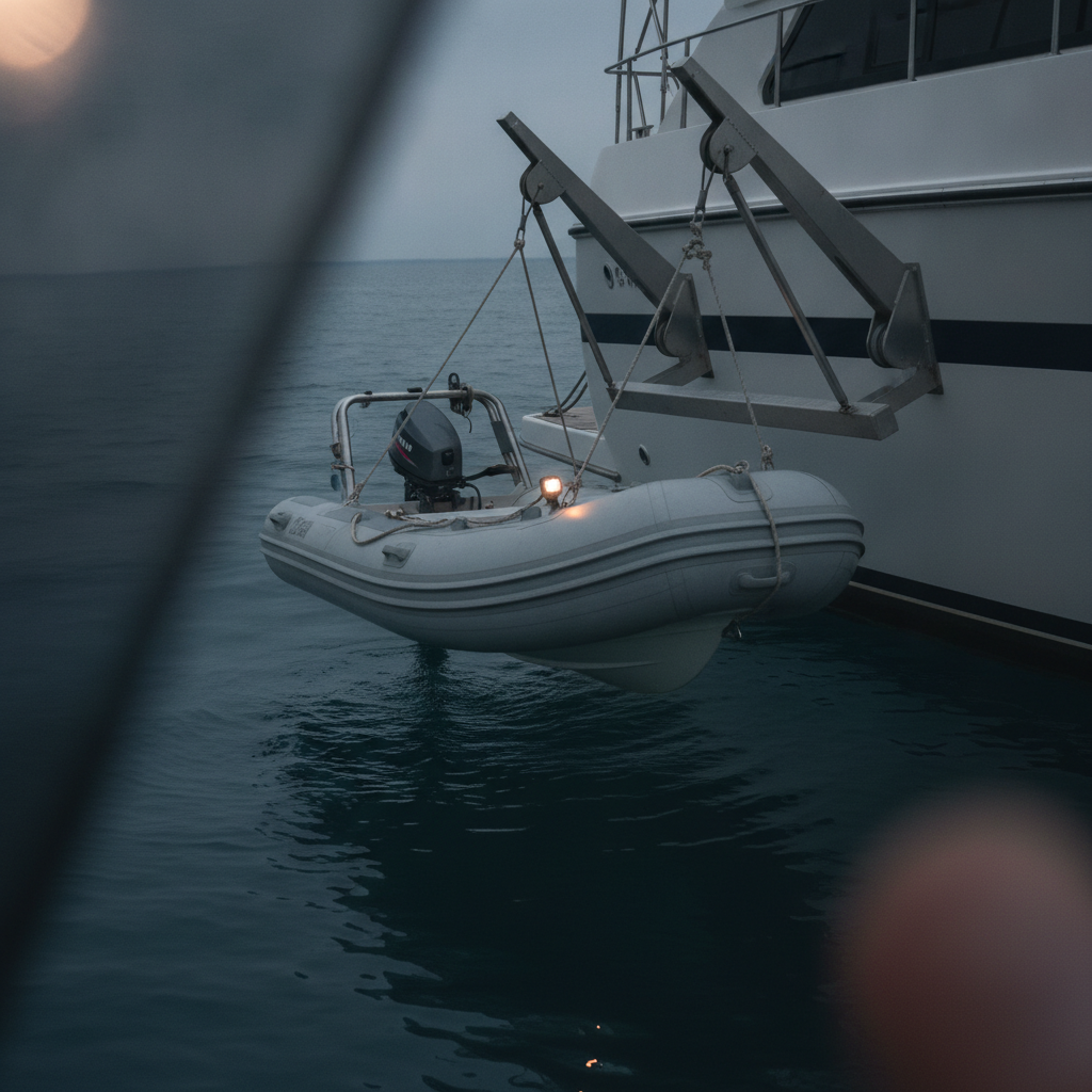 Dinghy Stored on Davits AI-generated photoreal reference