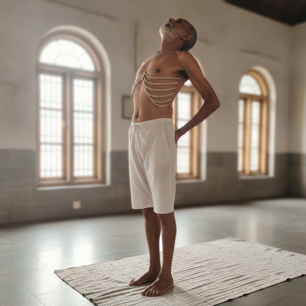 Lean older Indian man in modest yoga-trained arch AI-generated photoreal reference