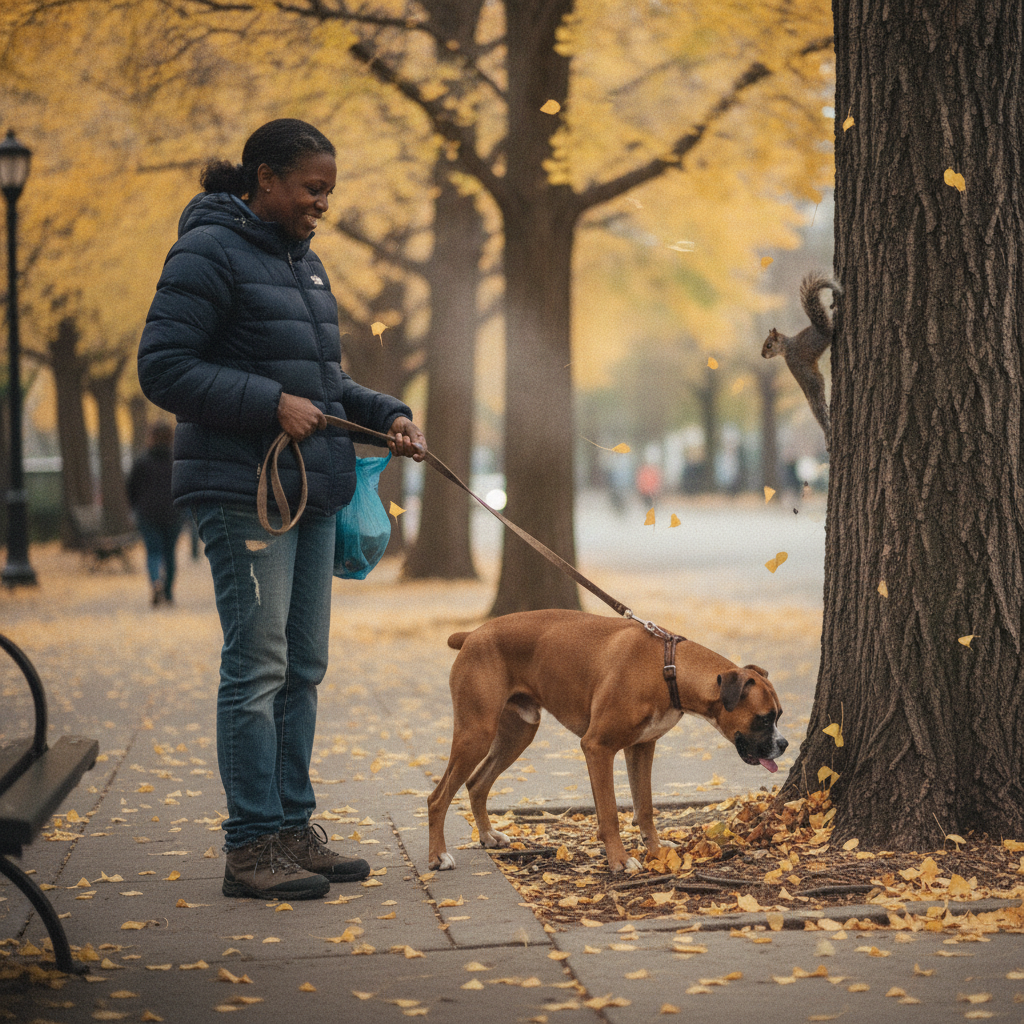 Person walking dog on leash AI-generated photoreal reference