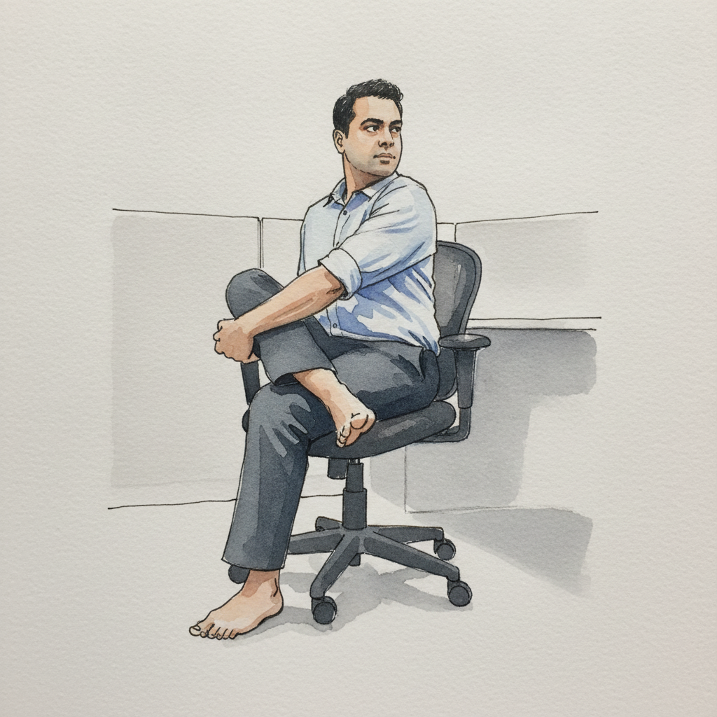 Reaching across to opposite knee, seated twist at 56 example 1