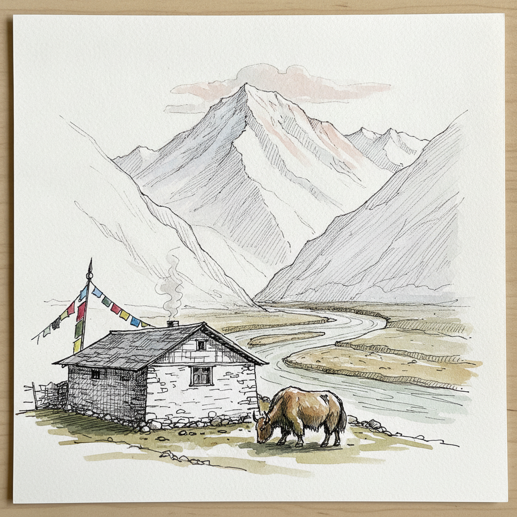 Yarlung Tsangpo gorge from Pe village, Tibet, China example 1