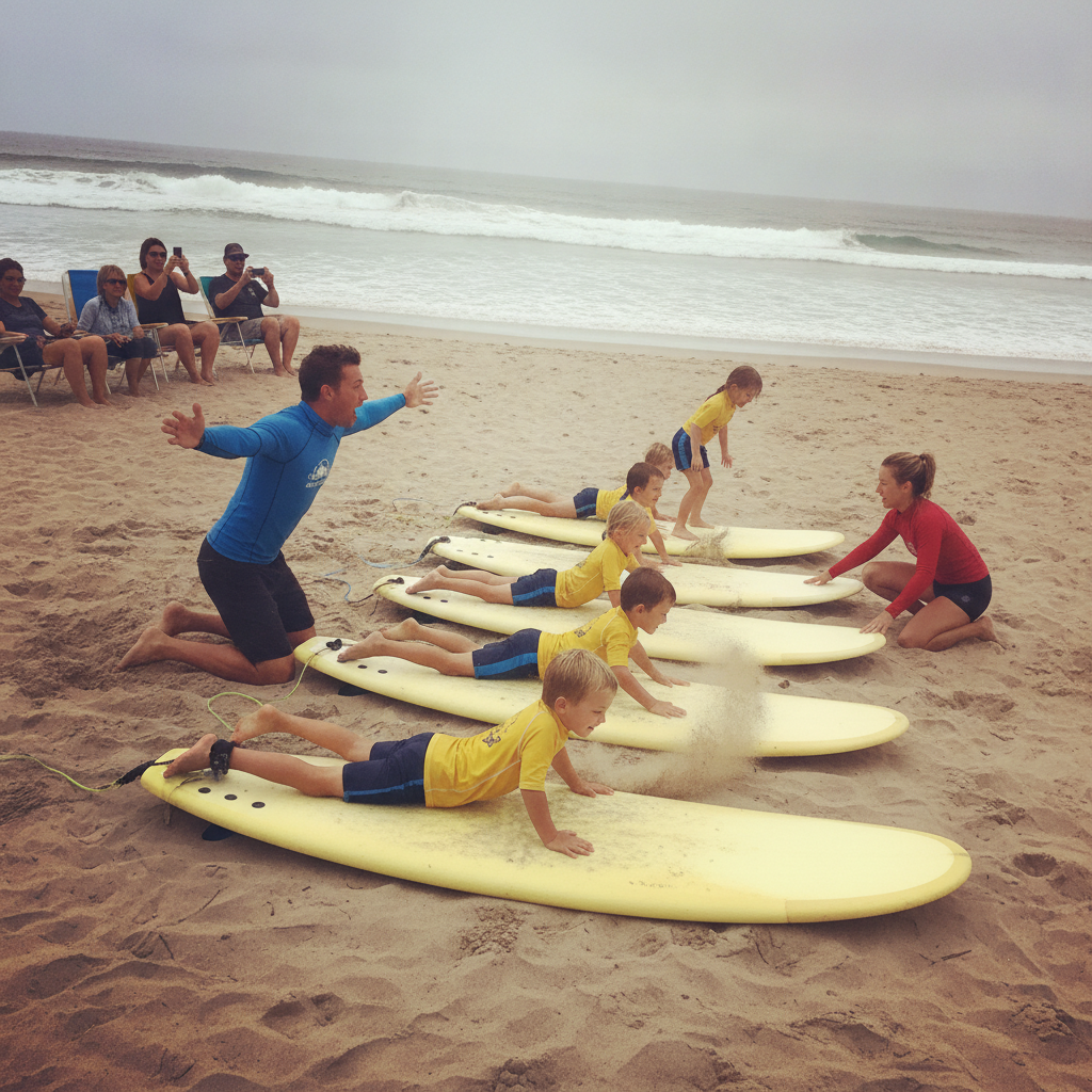 Surf school with kids AI-generated photoreal reference